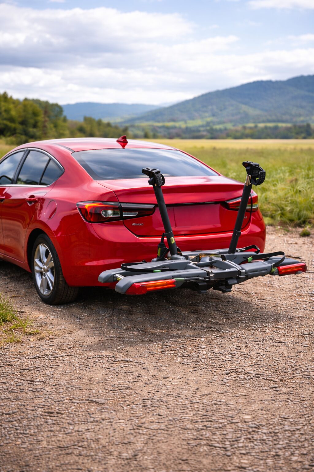 Red car with a bike rack on the back parked on a dirt road.