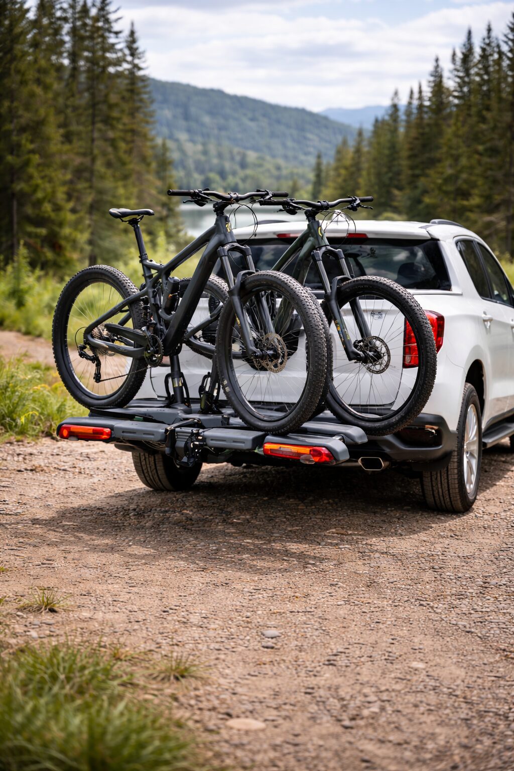 Two mountain bikes mounted on a white pickup truck's rear bike rack.